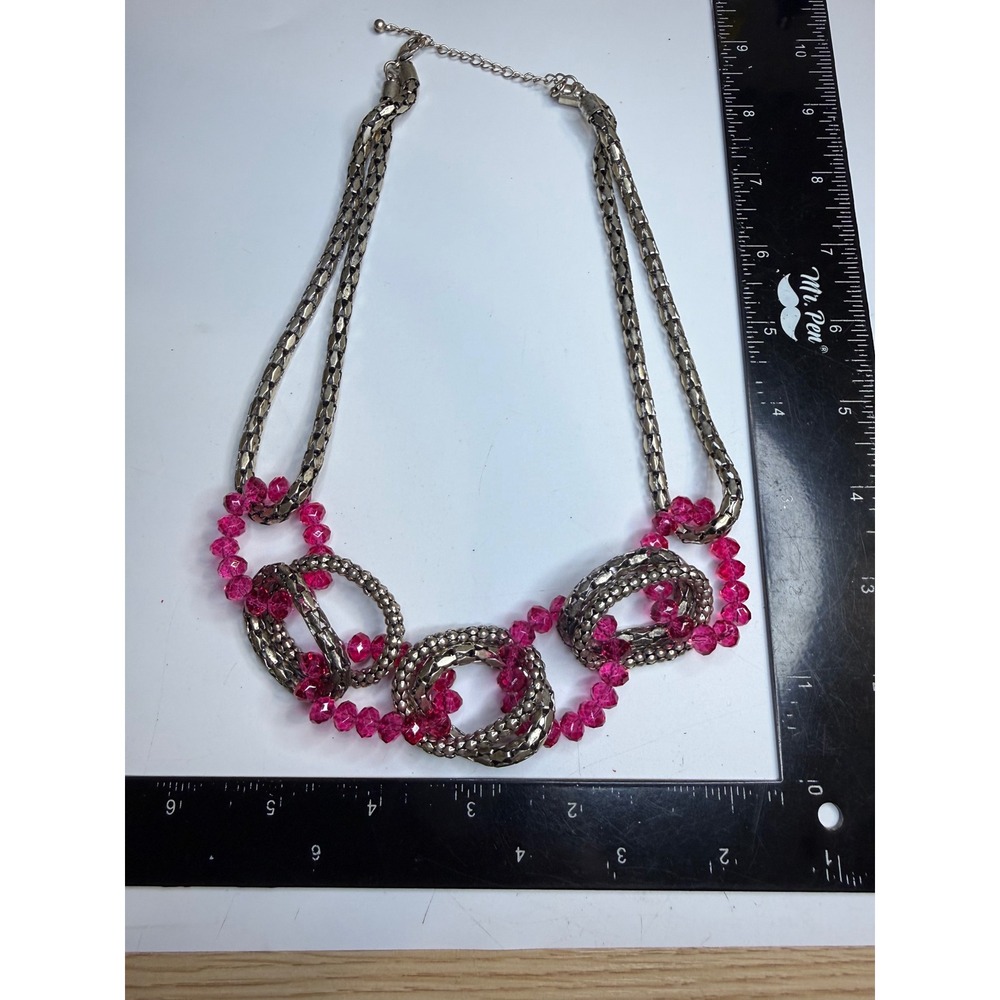 Silver Tone Chunky Chain Statement Necklace Hot Pink Faceted Beads Bib Style